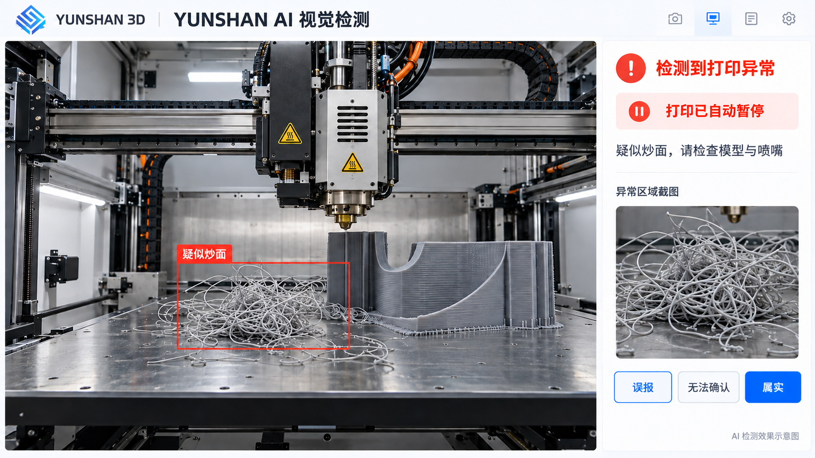AI 视觉检测效果示意:疑似炒面异常框、暂停提示与人工确认
